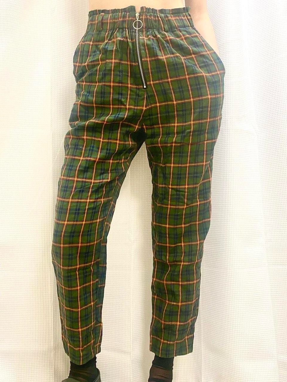Y2k Twee Punk Plaid Zip-Front Lightweight Pants Green